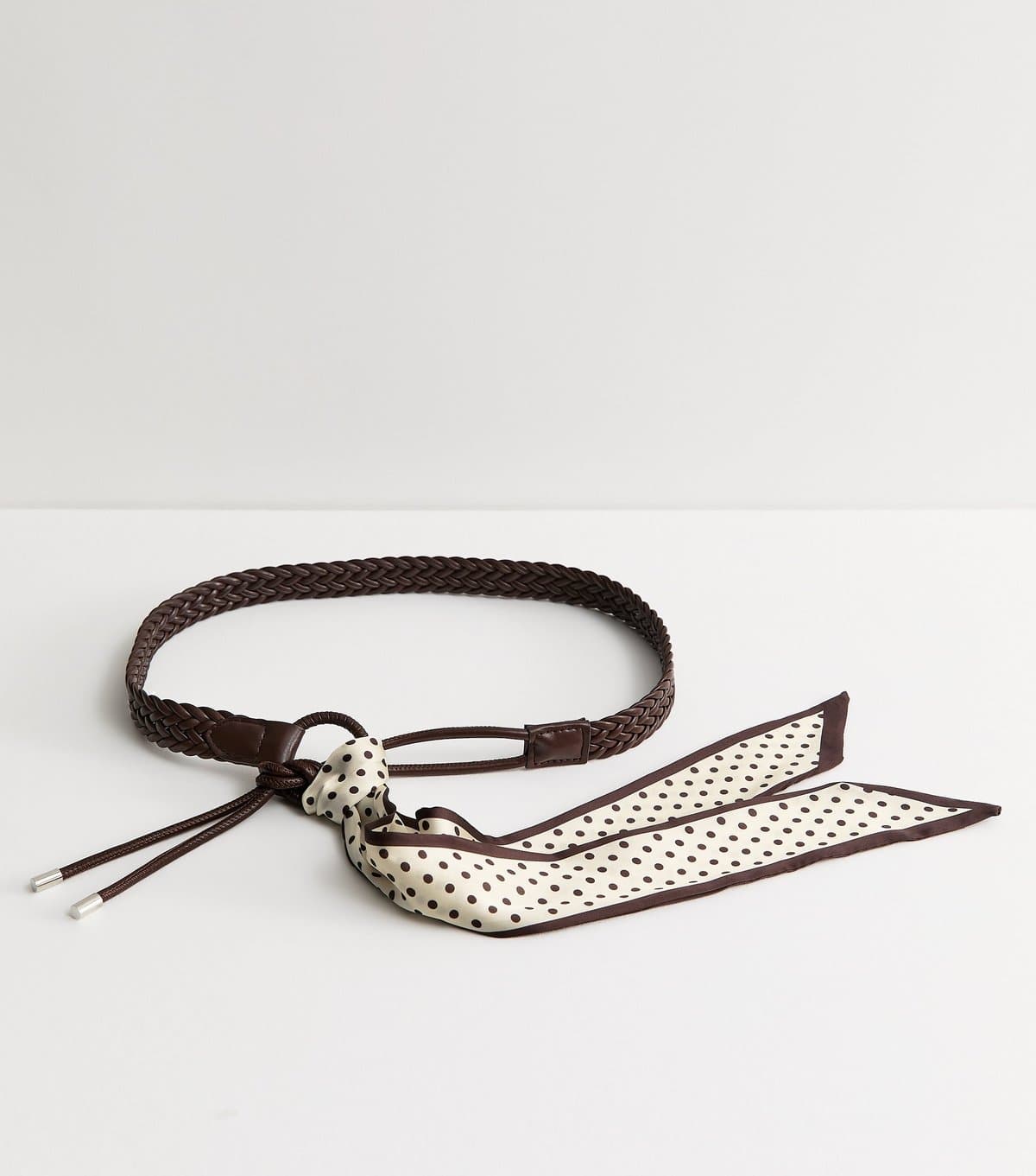 New Look Dark Brown Plaited Belt with Polka Dot Scarf New Look