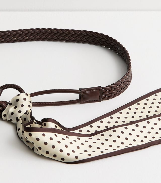 New Look Dark Brown Plaited Belt with Polka Dot Scarf New Look - 3