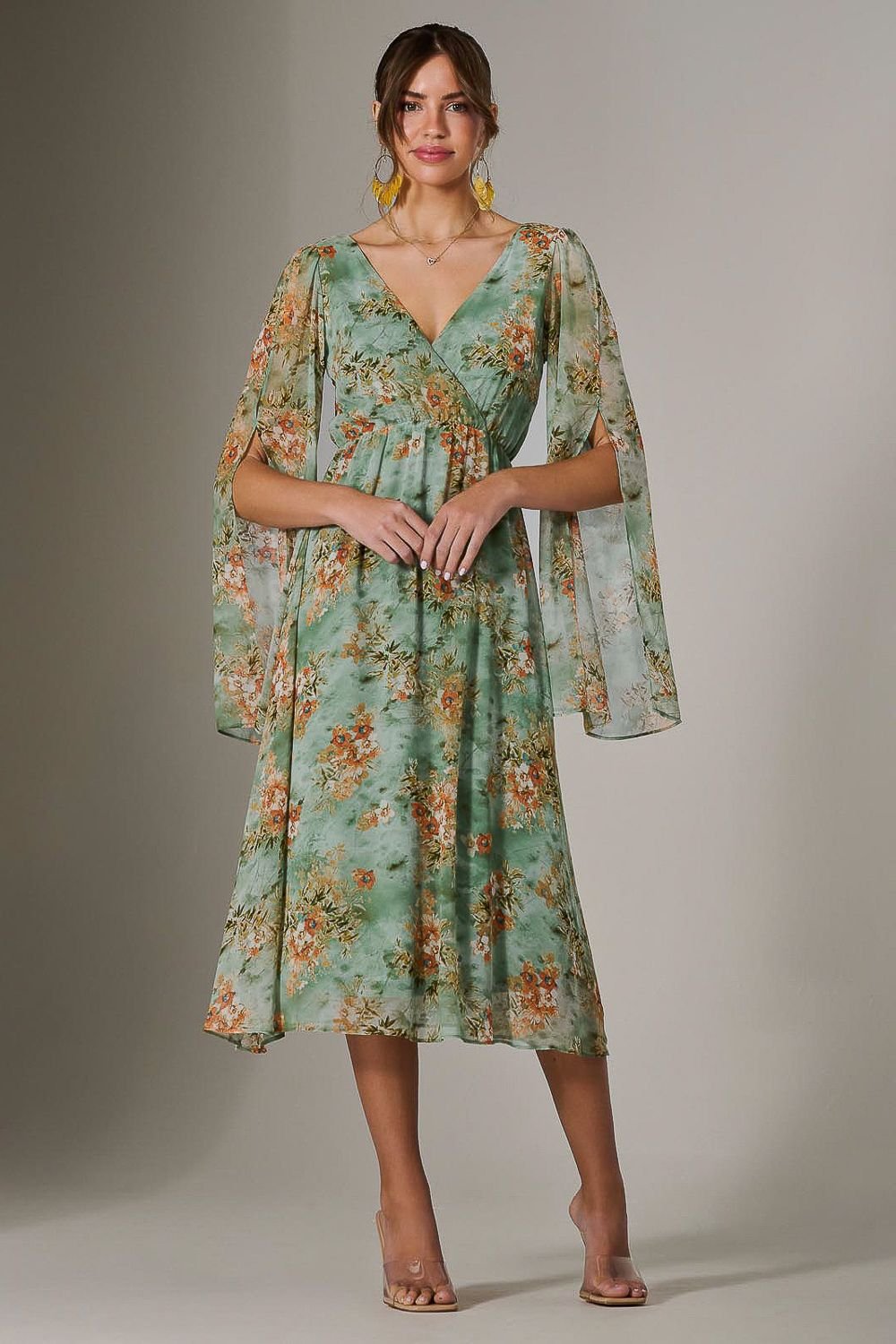 Jolie Moi Jolie Moi Women's Chiffon Split Sleeve Midaxi Dress in Light Green - 2