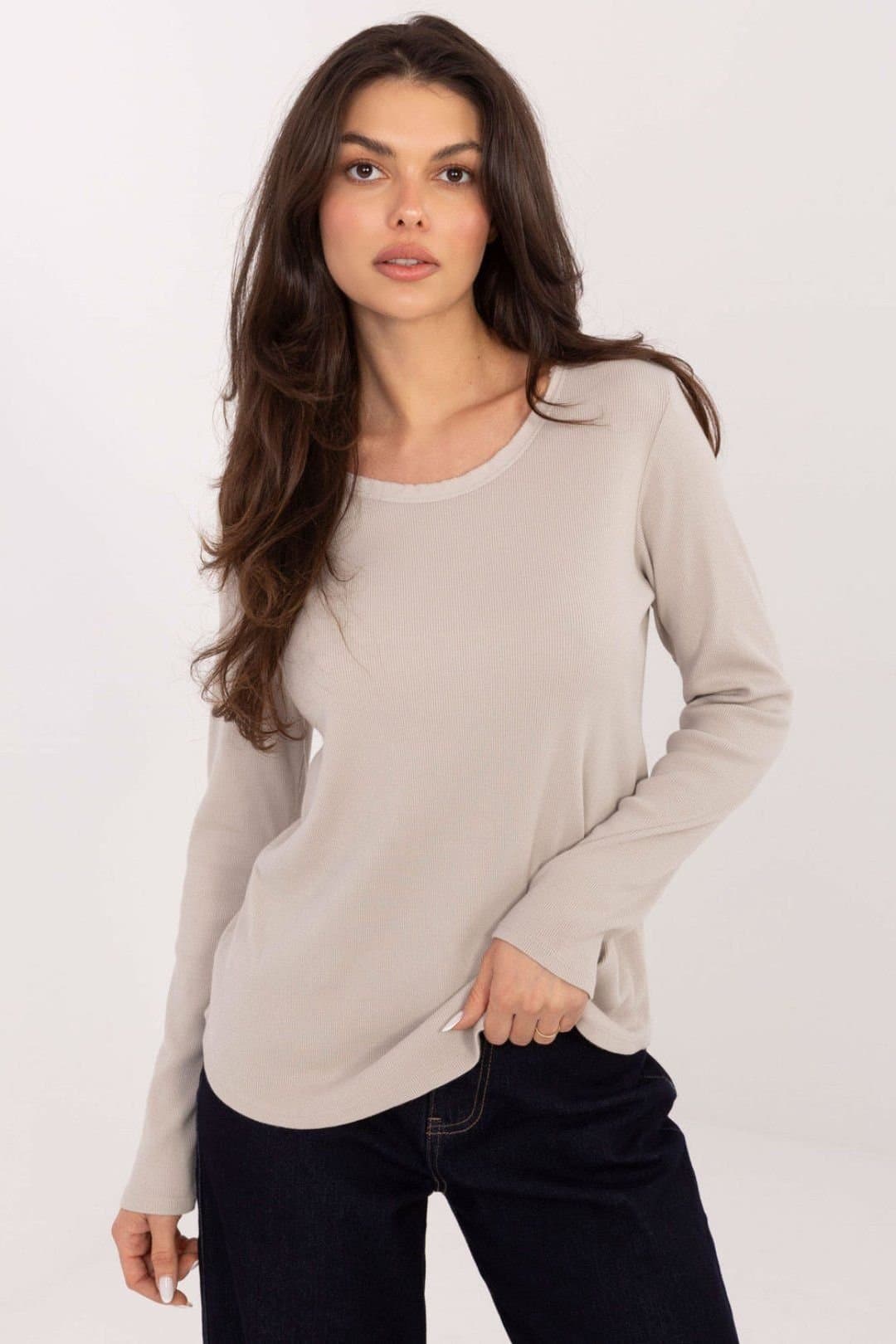 Love Lace Love Lace Women's Cotton Rib Long Sleeve Casual Blouse in Beige
