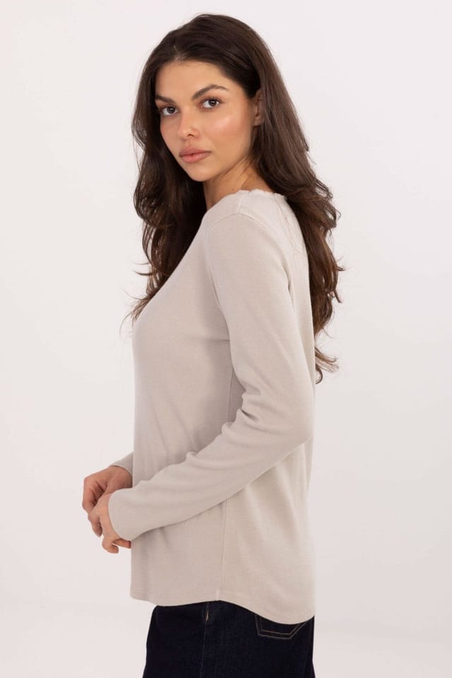 Love Lace Love Lace Women's Cotton Rib Long Sleeve Casual Blouse in Beige - 2