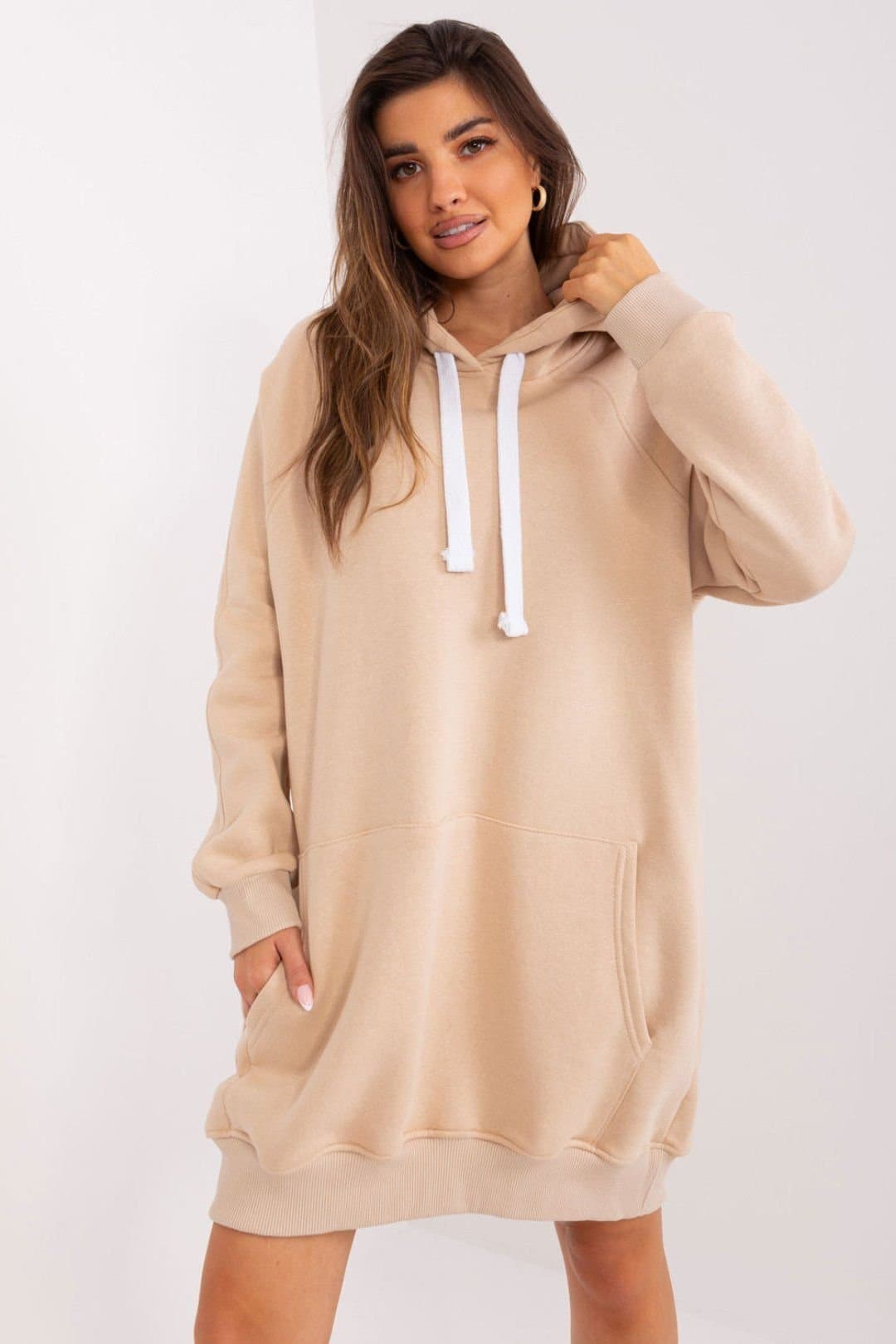 Love Lace Love Lace Women's Long Hoodie Sweatshirt with Kangaroo Pocket in Beige