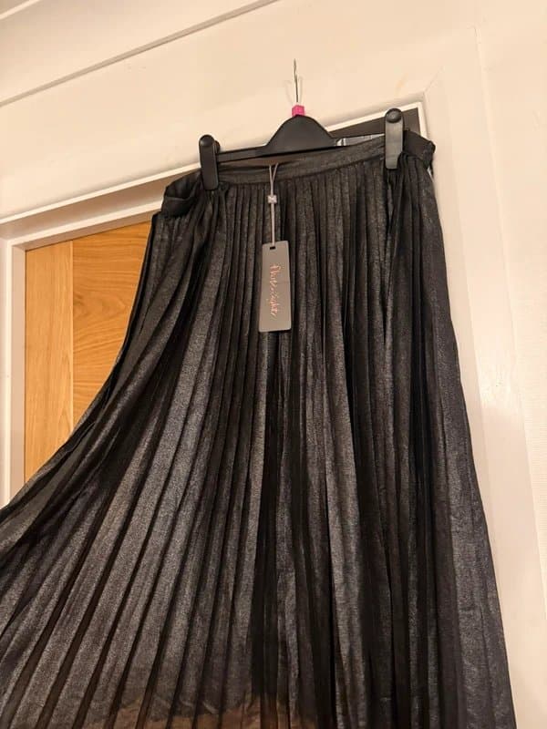 Phase Eight Phase Eight Sia Silver Dark Grey Shimmer Metallic Pleated Midi Skirt UK 16