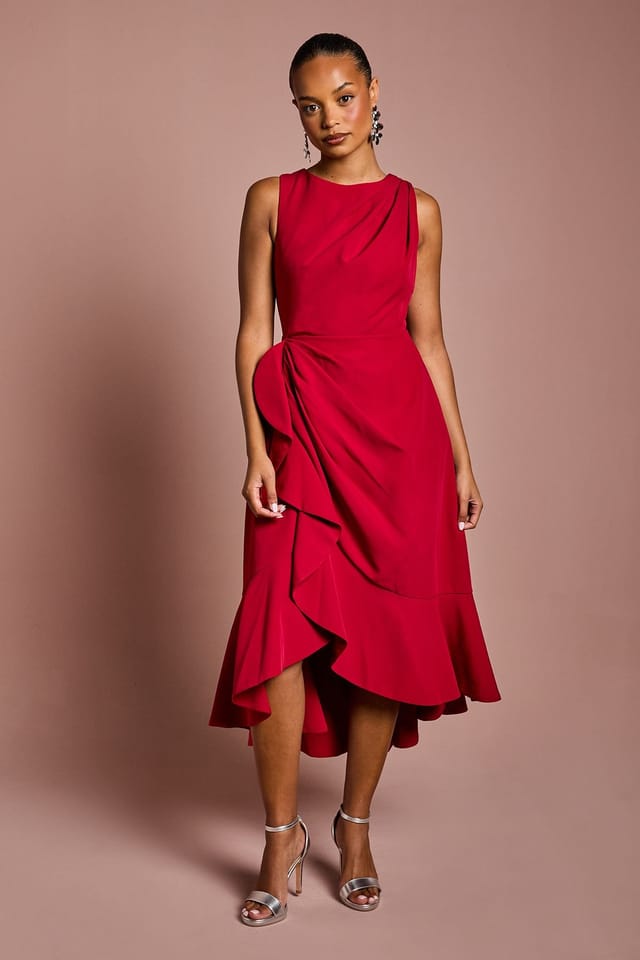 Coast Coast Women's Petite Crepe Ruffle Dress With Low Back in Berry - 2