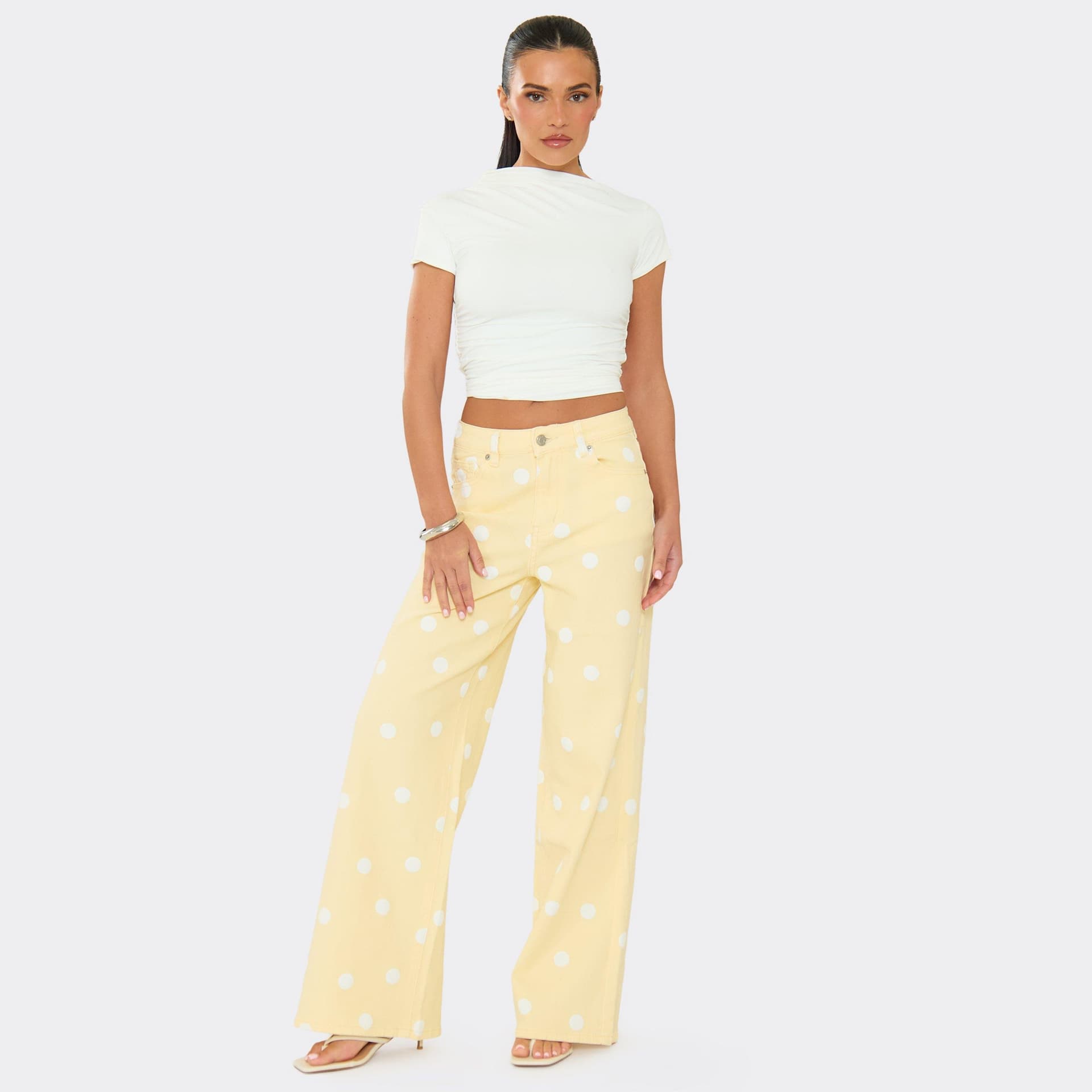 EGO Mid Rise Wide Leg Jeans In Lemon Polka Dot Denim, Women's Size UK L