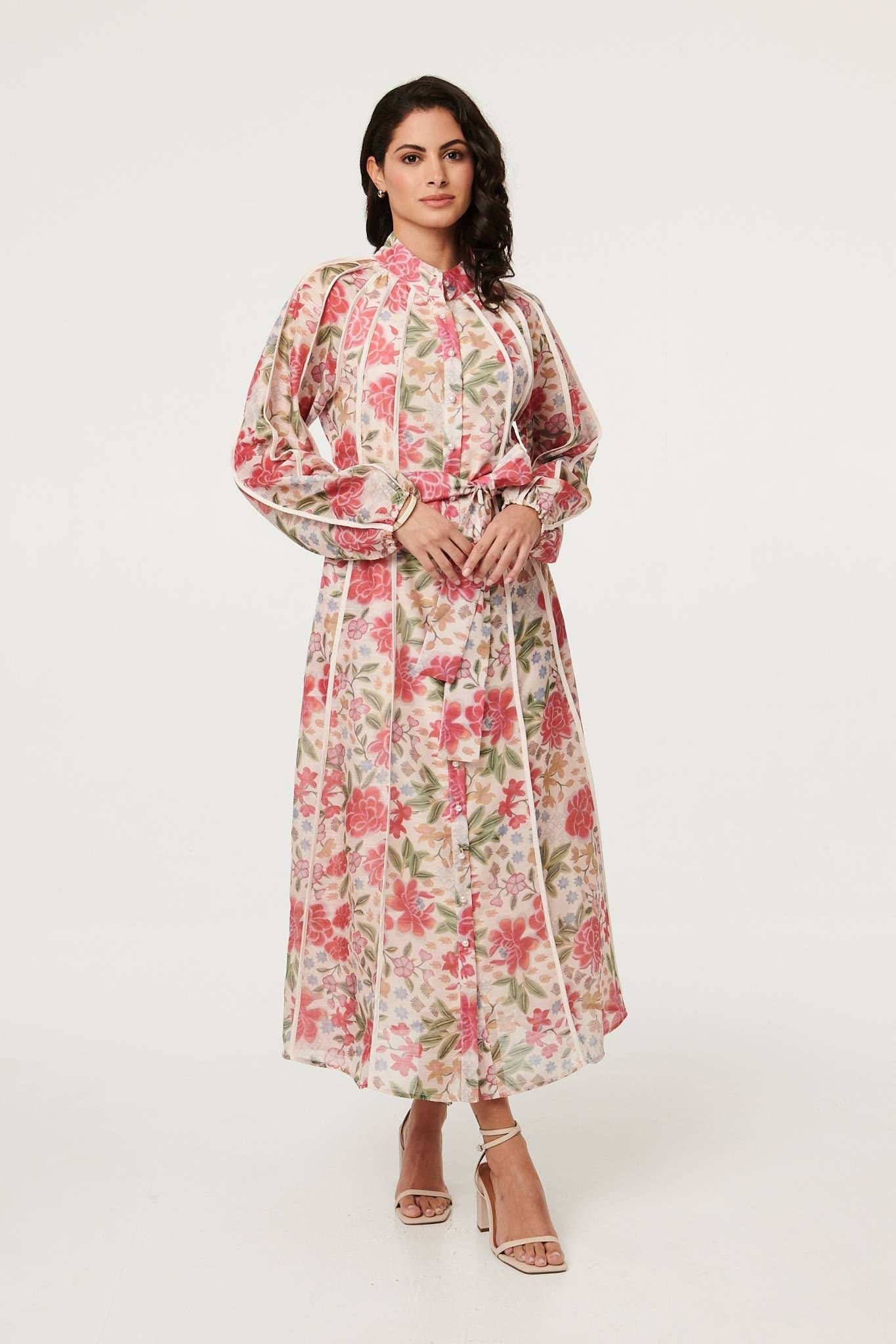 Izabel London Izabel London Women's Floral Tie Waist High Neck Midi Dress in Pink