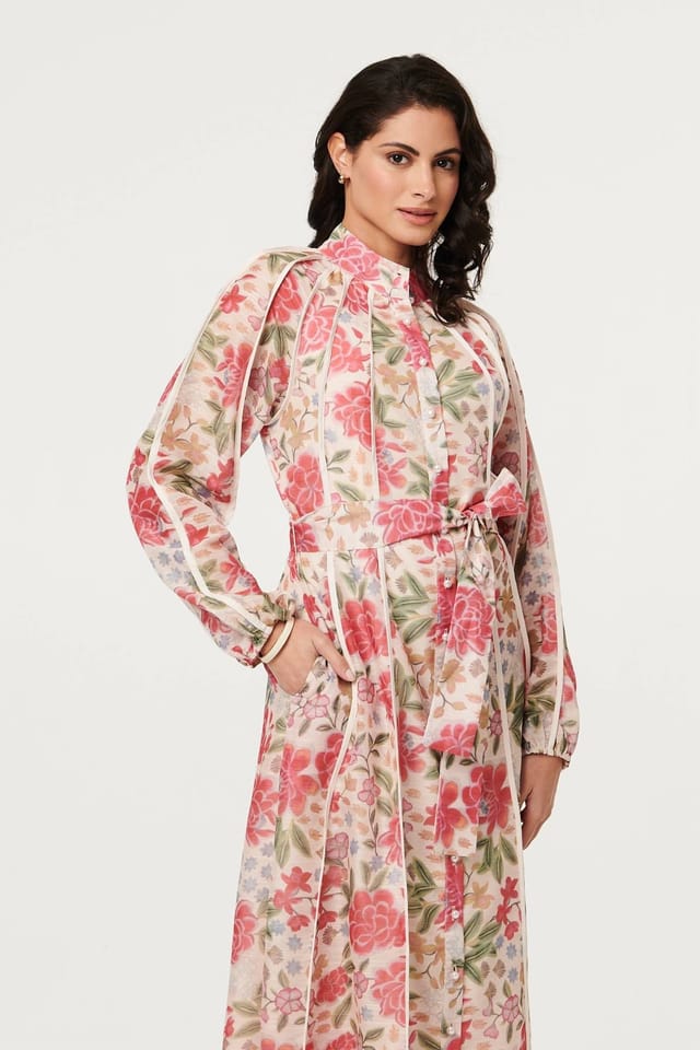 Izabel London Izabel London Women's Floral Tie Waist High Neck Midi Dress in Pink - 2