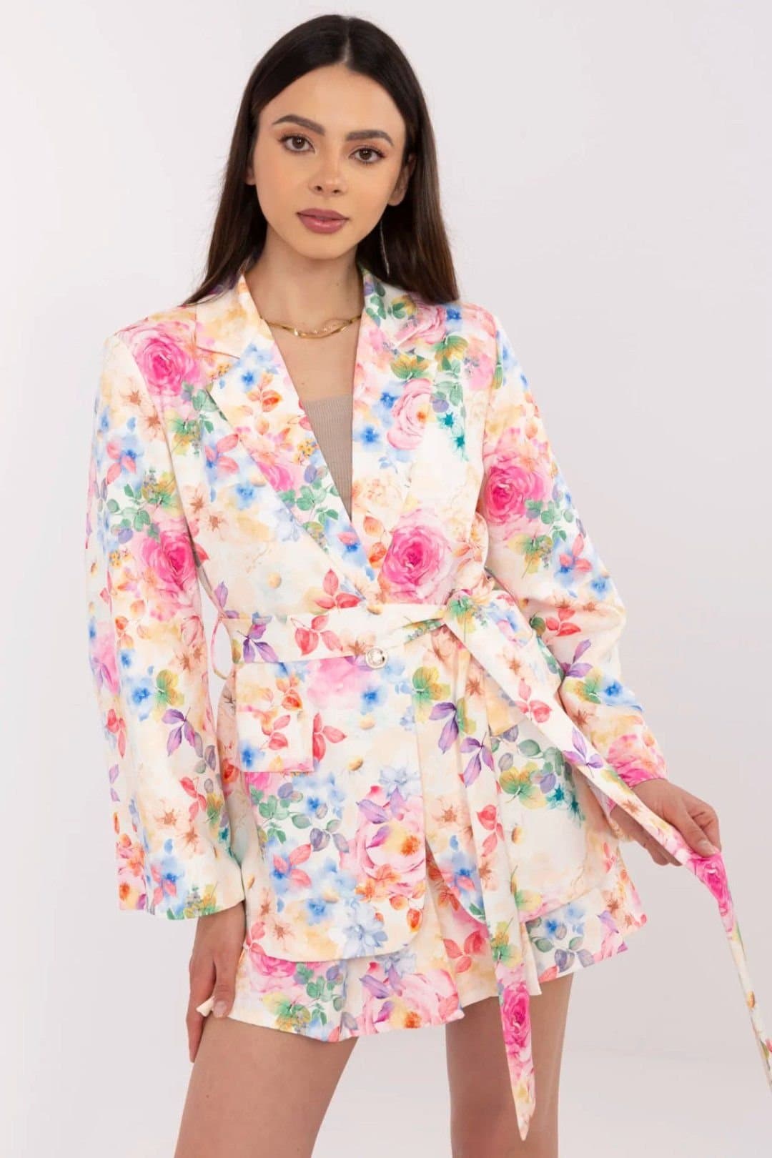 Love Lace Love Lace Women's Floral Blazer & High Waisted Shorts Set in Beige