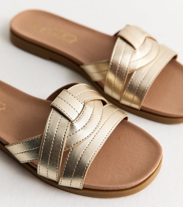 New Look Women's Extra Wide Fit Gold Interwoven Strap Faux Leather Mules Vegan New Look - 3