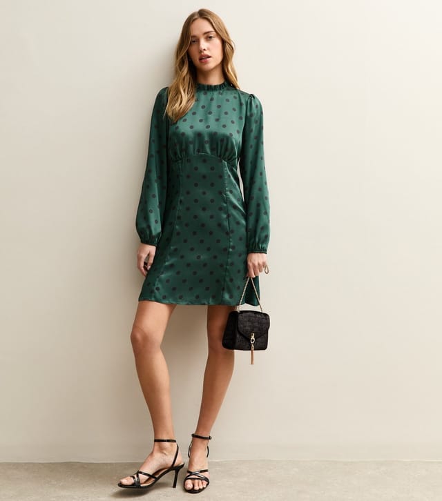 New Look Women's Dark Green Polka Dot Long Sleeve Satin Mini Dress New Look - 3