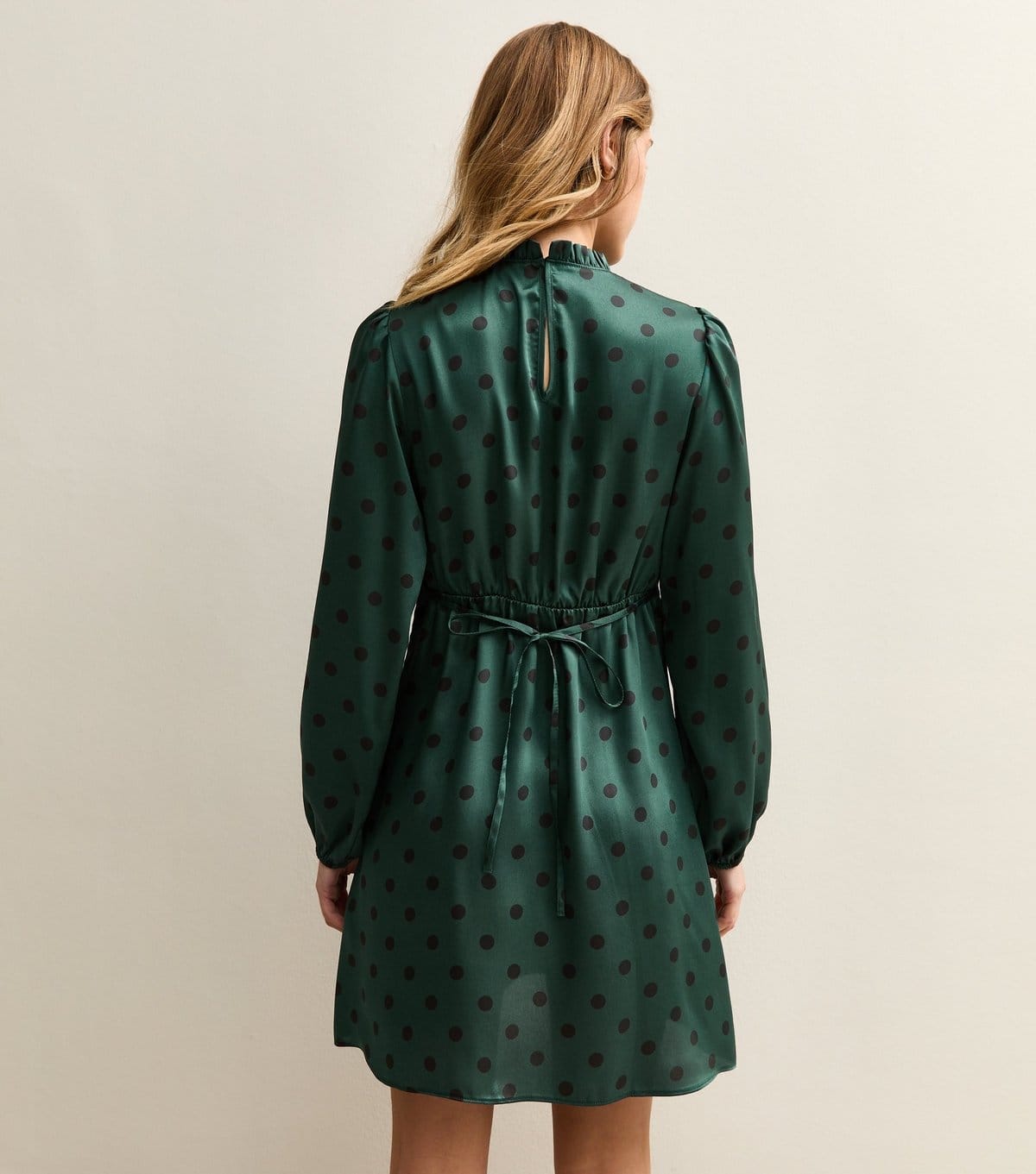 New Look Women's Dark Green Polka Dot Long Sleeve Satin Mini Dress New Look - 4