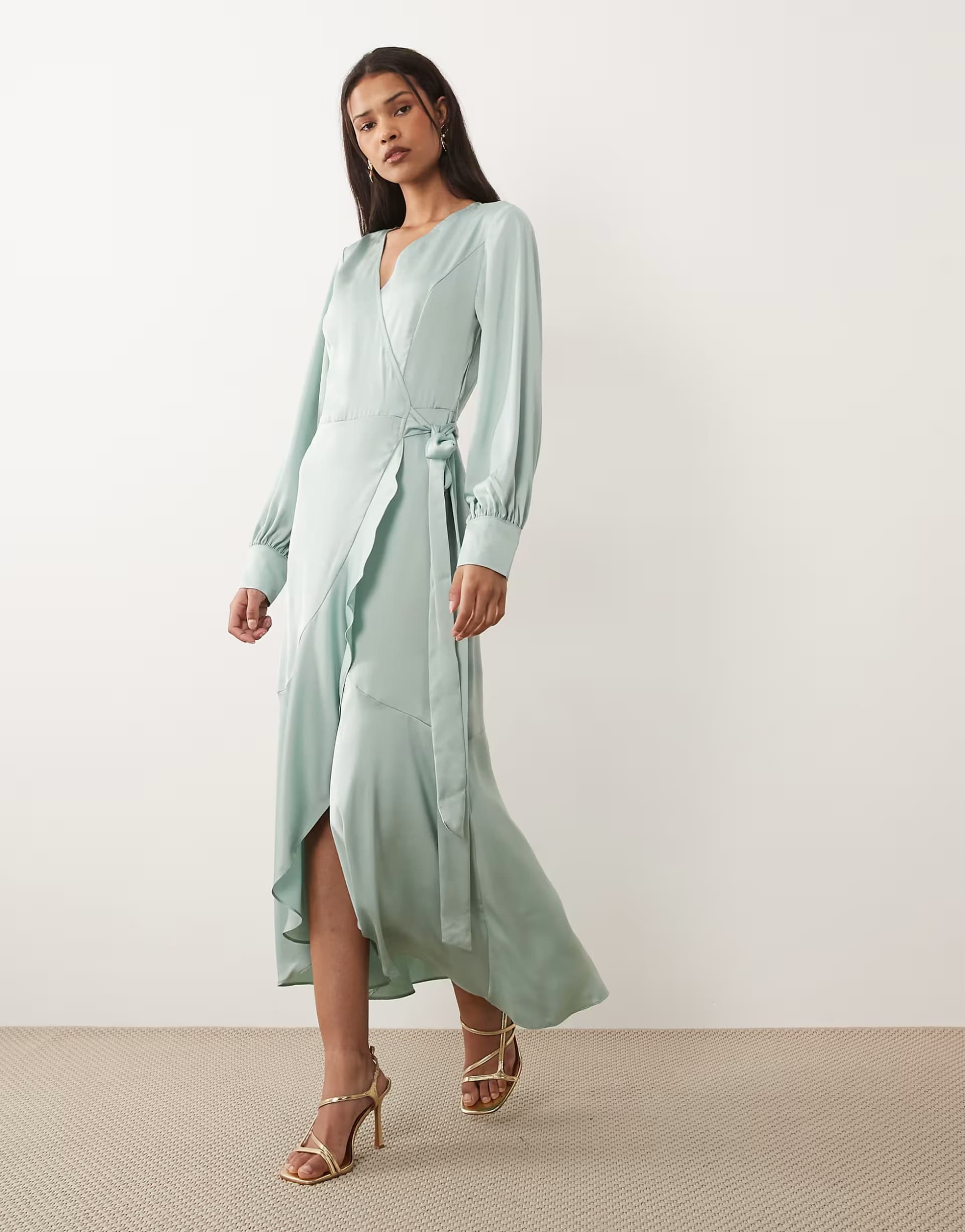 ASOS Vila long sleeve satin wrap midi dress in green milieu