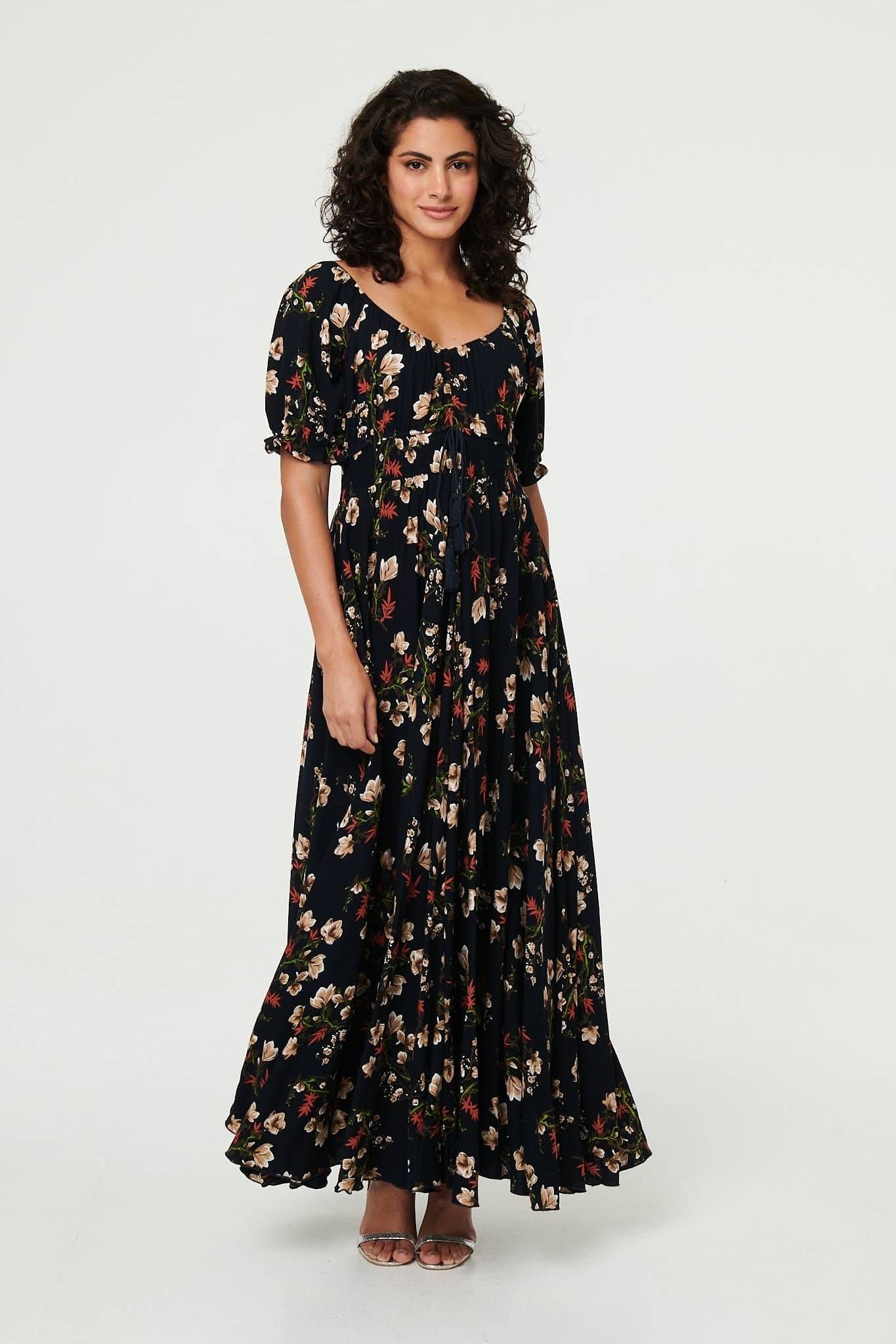 Izabel London Izabel London Women's Floral Bardot Shirred Empire Maxi Dress in Navy