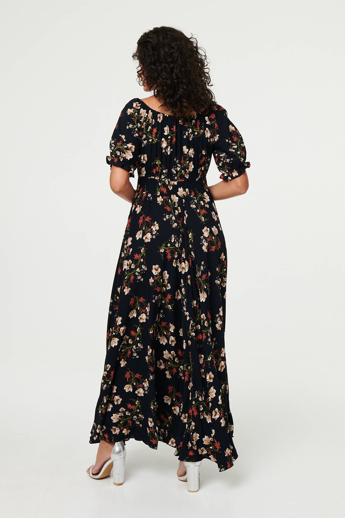 Izabel London Izabel London Women's Floral Bardot Shirred Empire Maxi Dress in Navy - 3