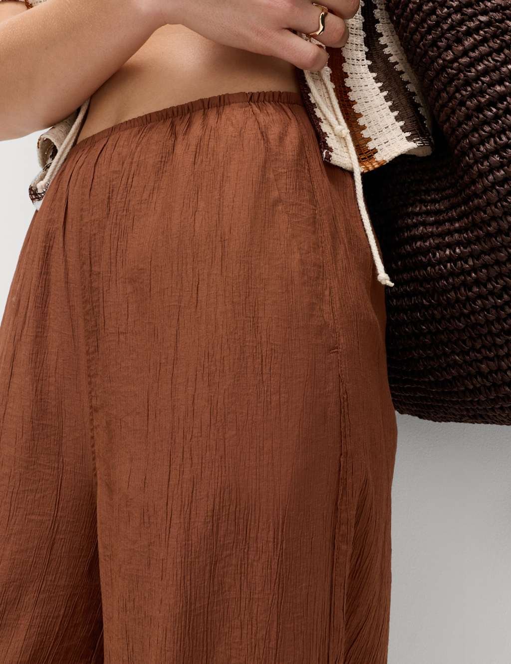 Marks & Spencer M&S Crinkle Elasticated Waist Wide Leg Trousers Chestnut - 2