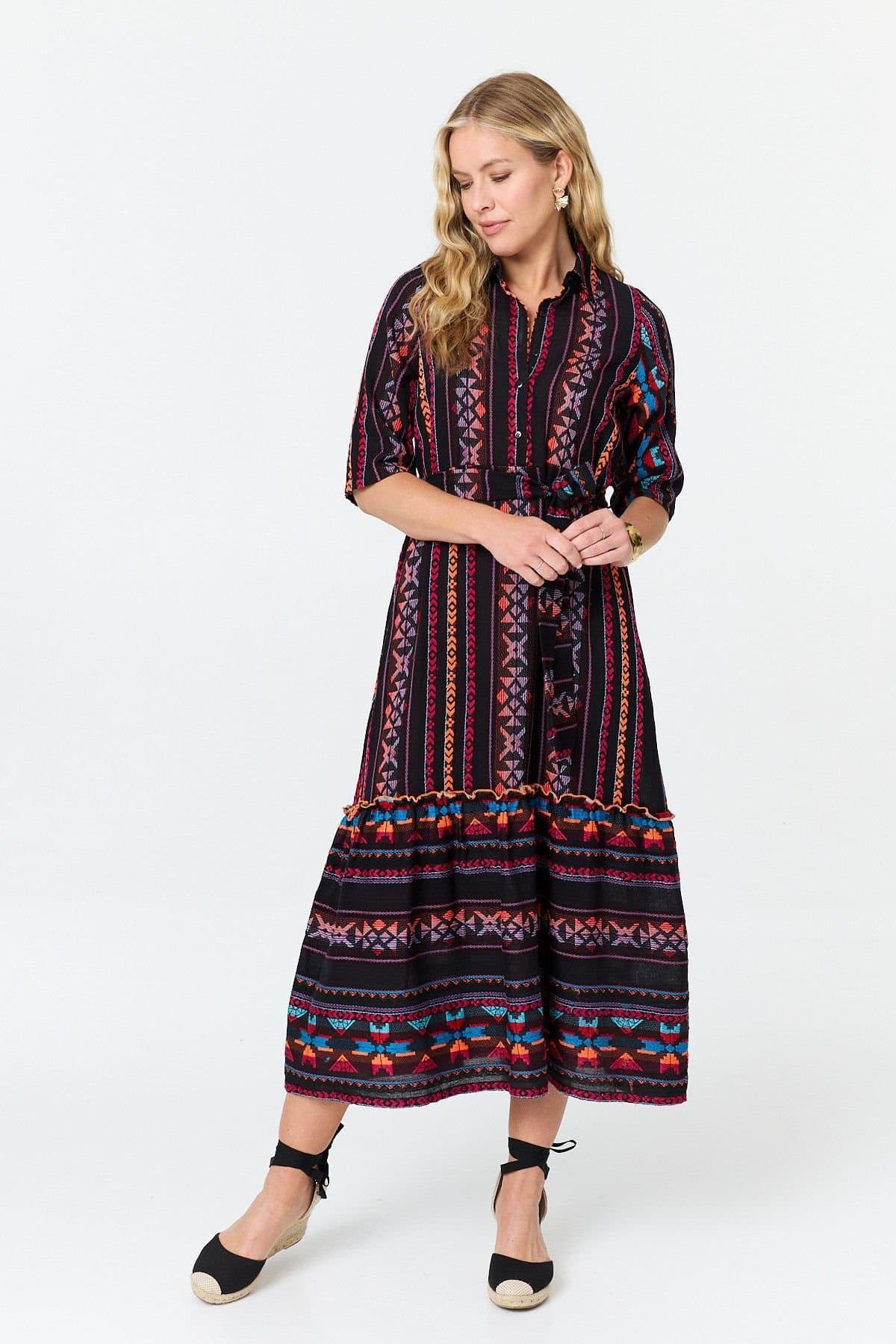 Izabel London Izabel London Women's Printed 1/2 Sleeve Shirt Midi Dress in Black