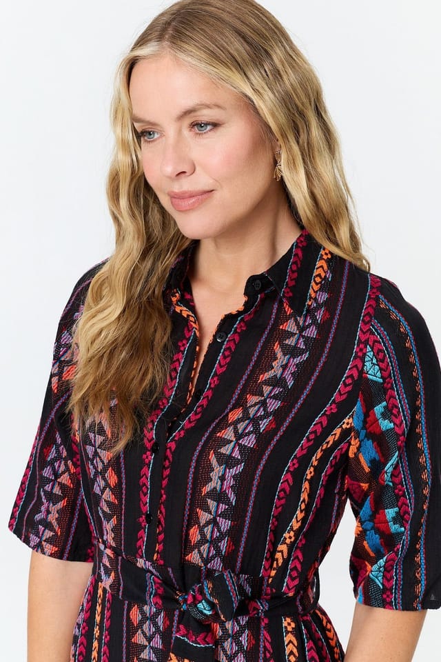 Izabel London Izabel London Women's Printed 1/2 Sleeve Shirt Midi Dress in Black - 2