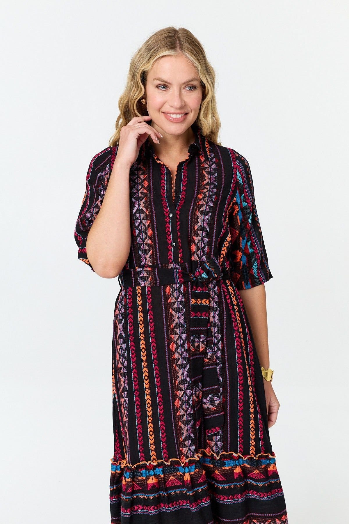 Izabel London Izabel London Women's Printed 1/2 Sleeve Shirt Midi Dress in Black - 4