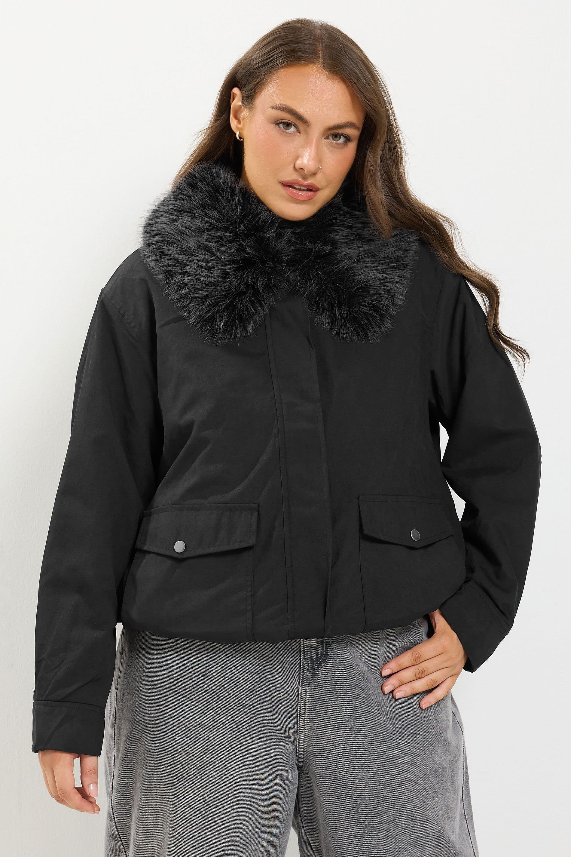 Yours Yours Women's Faux Fur Trim Bomber Jacket in Black