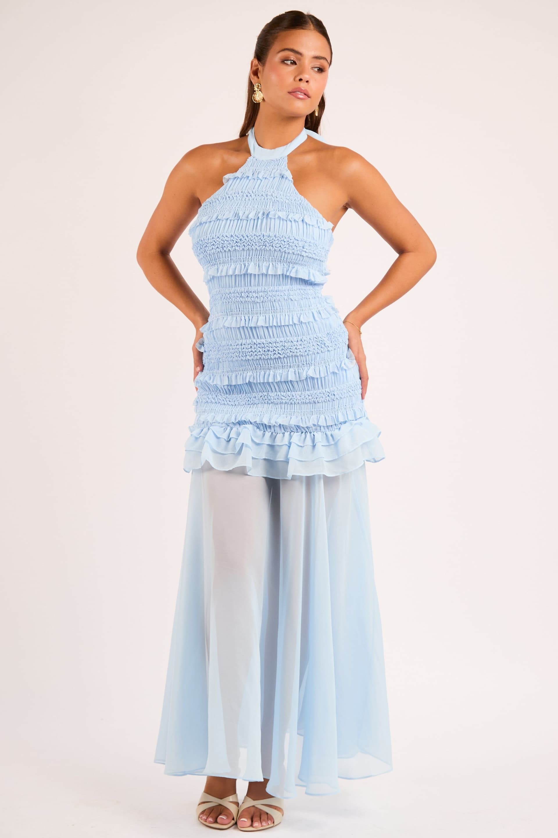 Jaded Rose Jaded Rose Women's Sarrah Baby Blue Tiered Chiffon Fit & Flare Halter Maxi Dress in Light Blue