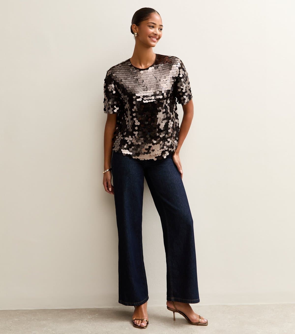 New Look Women's Dark Brown Sequinned Short Sleeve Top New Look
