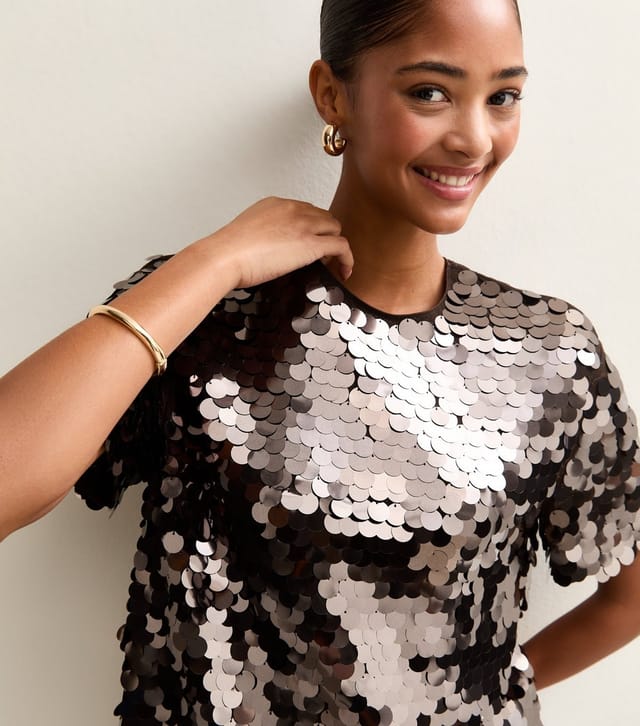 New Look Women's Dark Brown Sequinned Short Sleeve Top New Look - 2