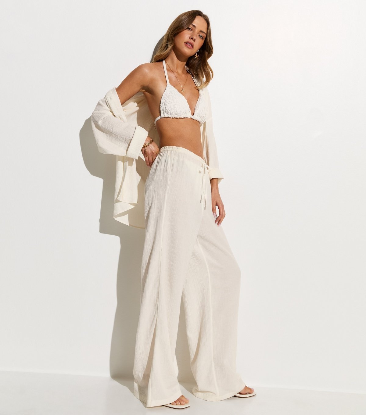New Look Women's White Crinkled Wide Leg Beach Trousers New Look - 3