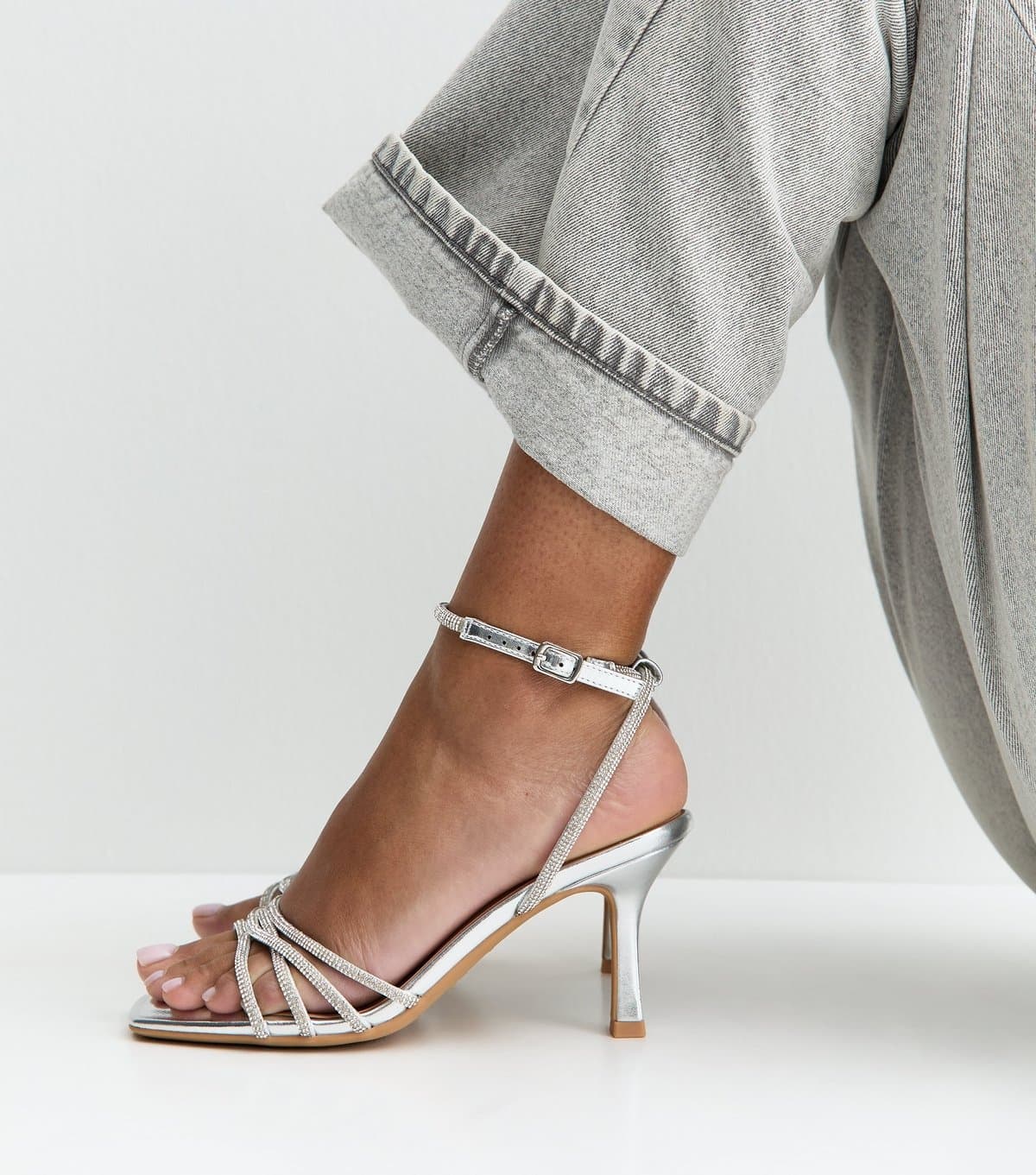 New Look New Look Silver Faux Leather Diamante Strap Stiletto Sandals