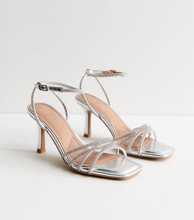 New Look Women's Silver Faux Leather Diamante Strap Stiletto Sandals Vegan New Look - 3