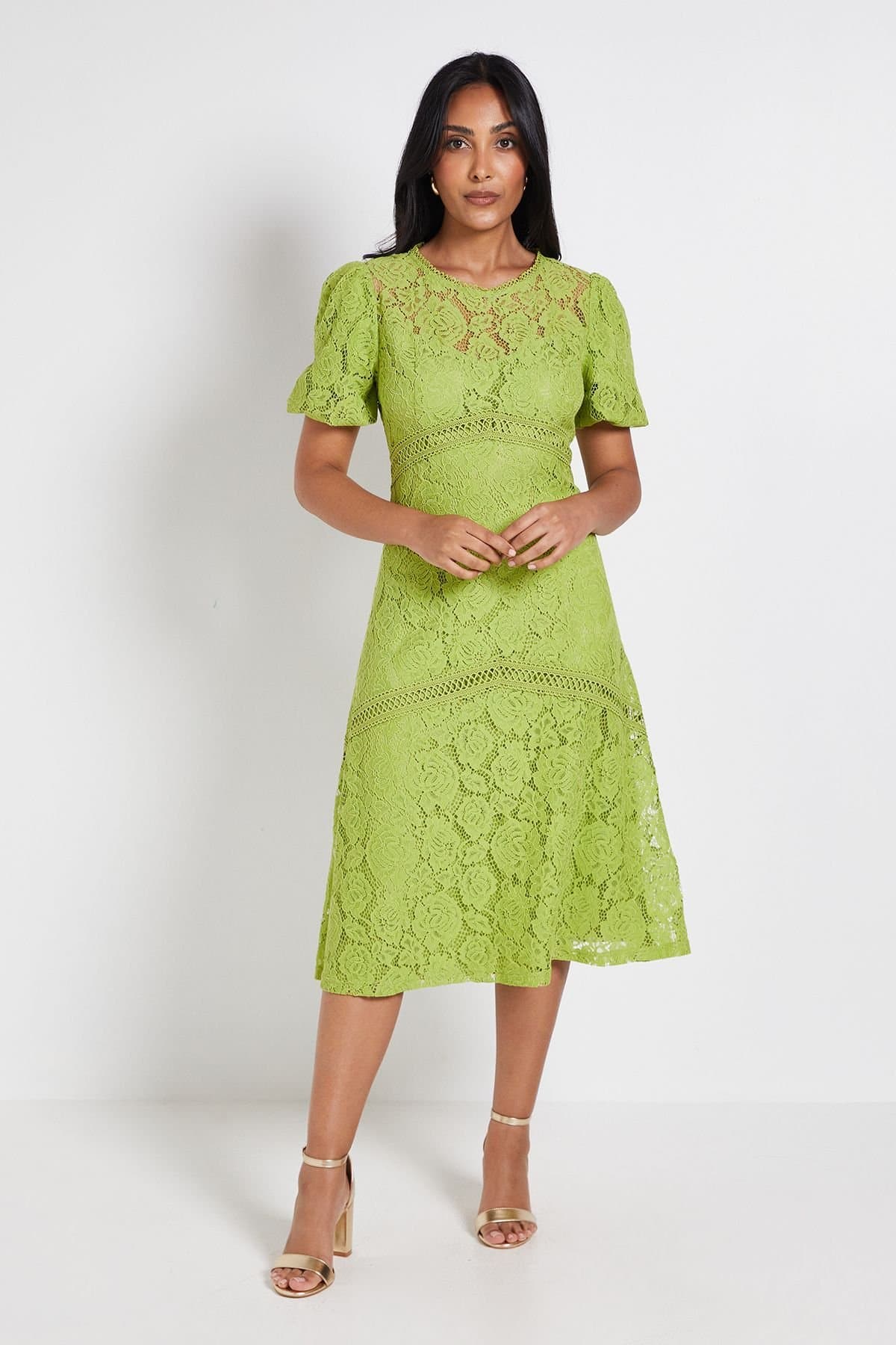 Wallis Wallis Women's Petite Lace Puff Sleeve Midi Dress in Green