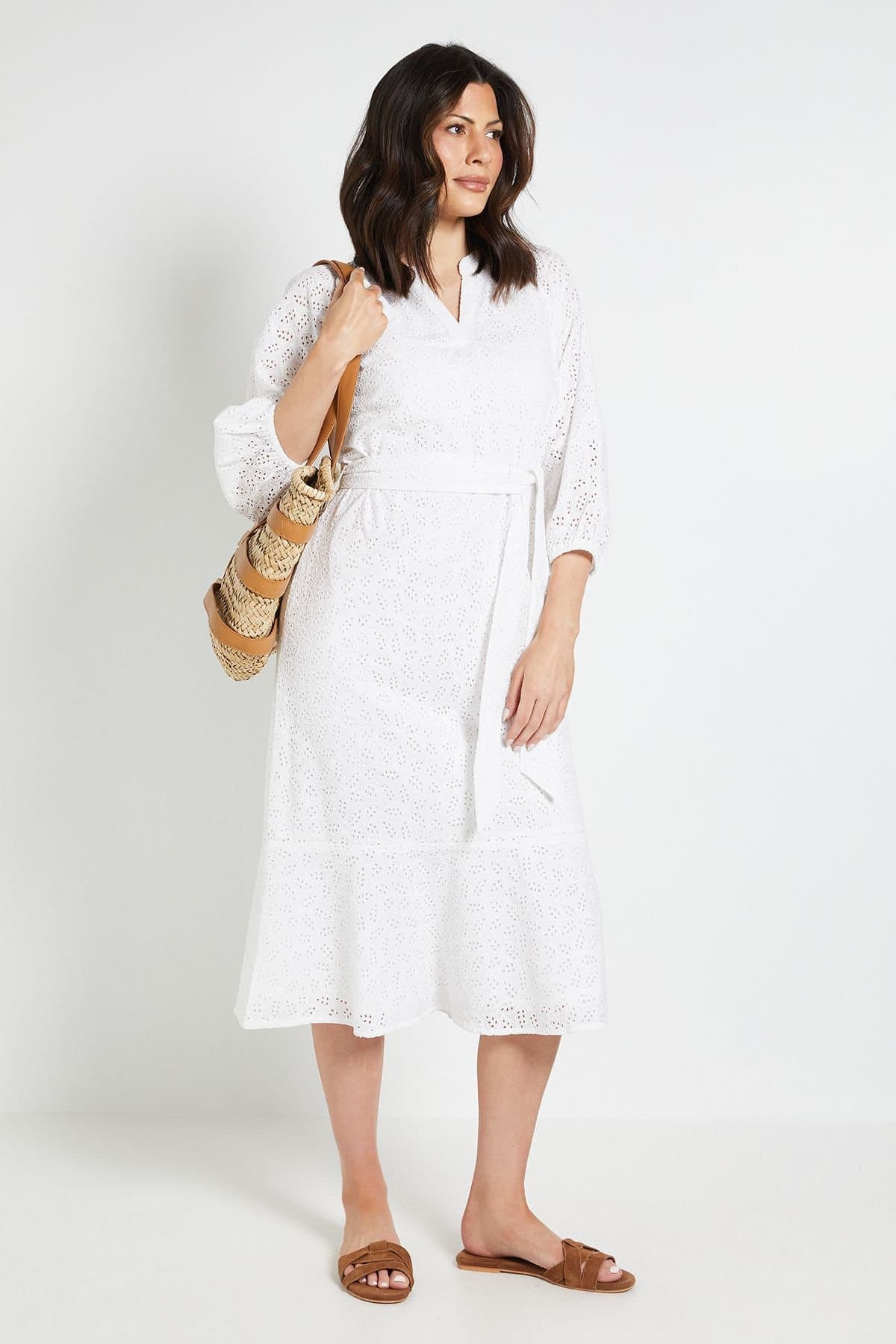 Wallis Wallis Women's Summer Broderie Belted Midi Dress in Ivory