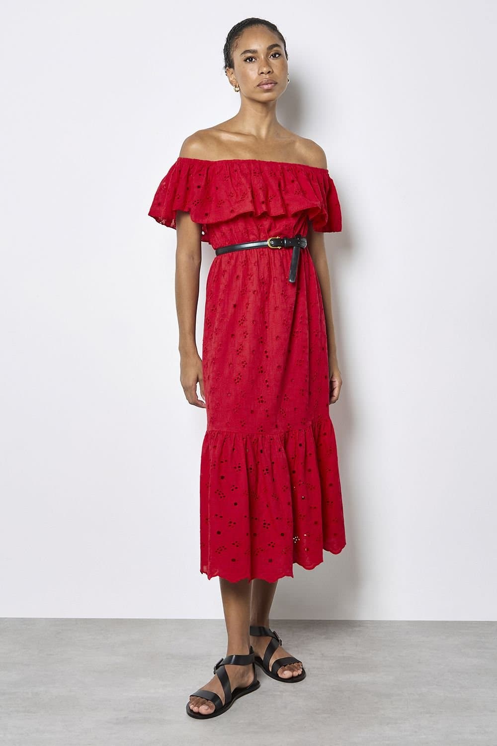 Apricot Apricot Women's Bardot Cotton Broderie Midi Dress in Red