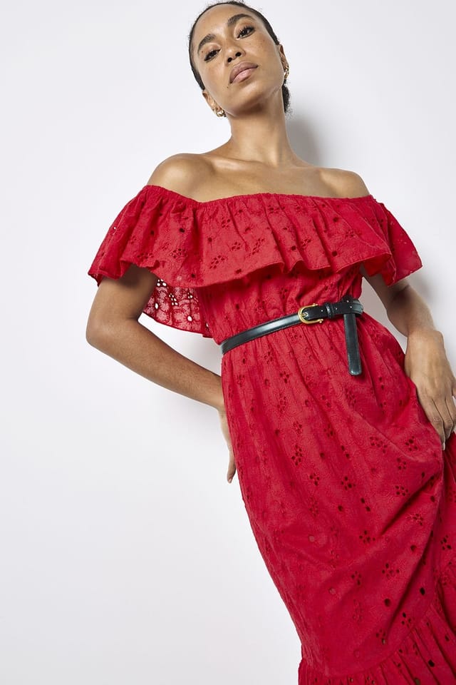 Apricot Apricot Women's Bardot Cotton Broderie Midi Dress in Red - 2