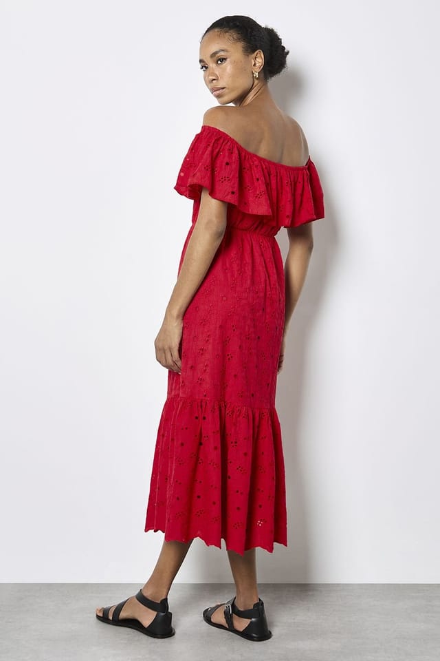 Apricot Apricot Women's Bardot Cotton Broderie Midi Dress in Red - 3