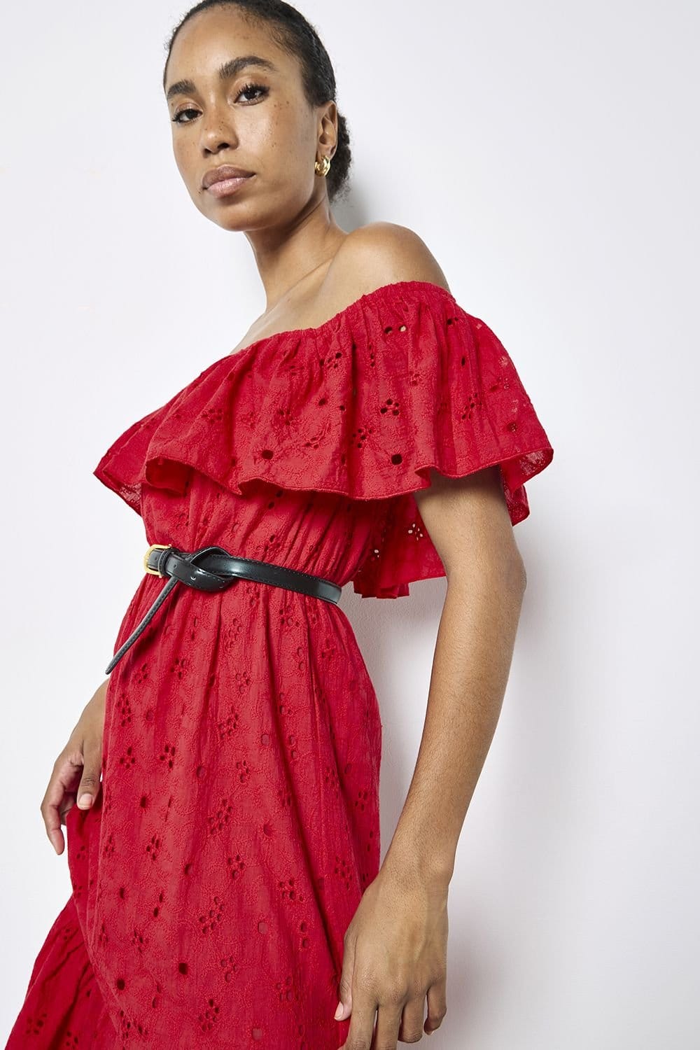 Apricot Apricot Women's Bardot Cotton Broderie Midi Dress in Red - 4