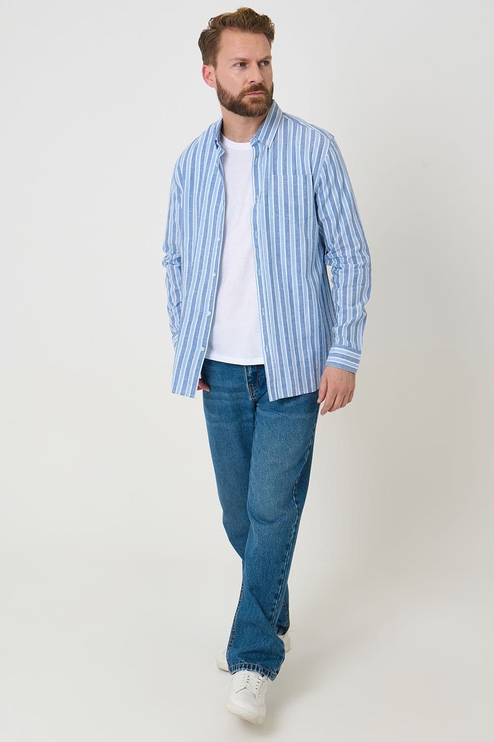 Saltwell Saltwell Men's Stripe Linen Rich Long Sleeve Shirt in Blue