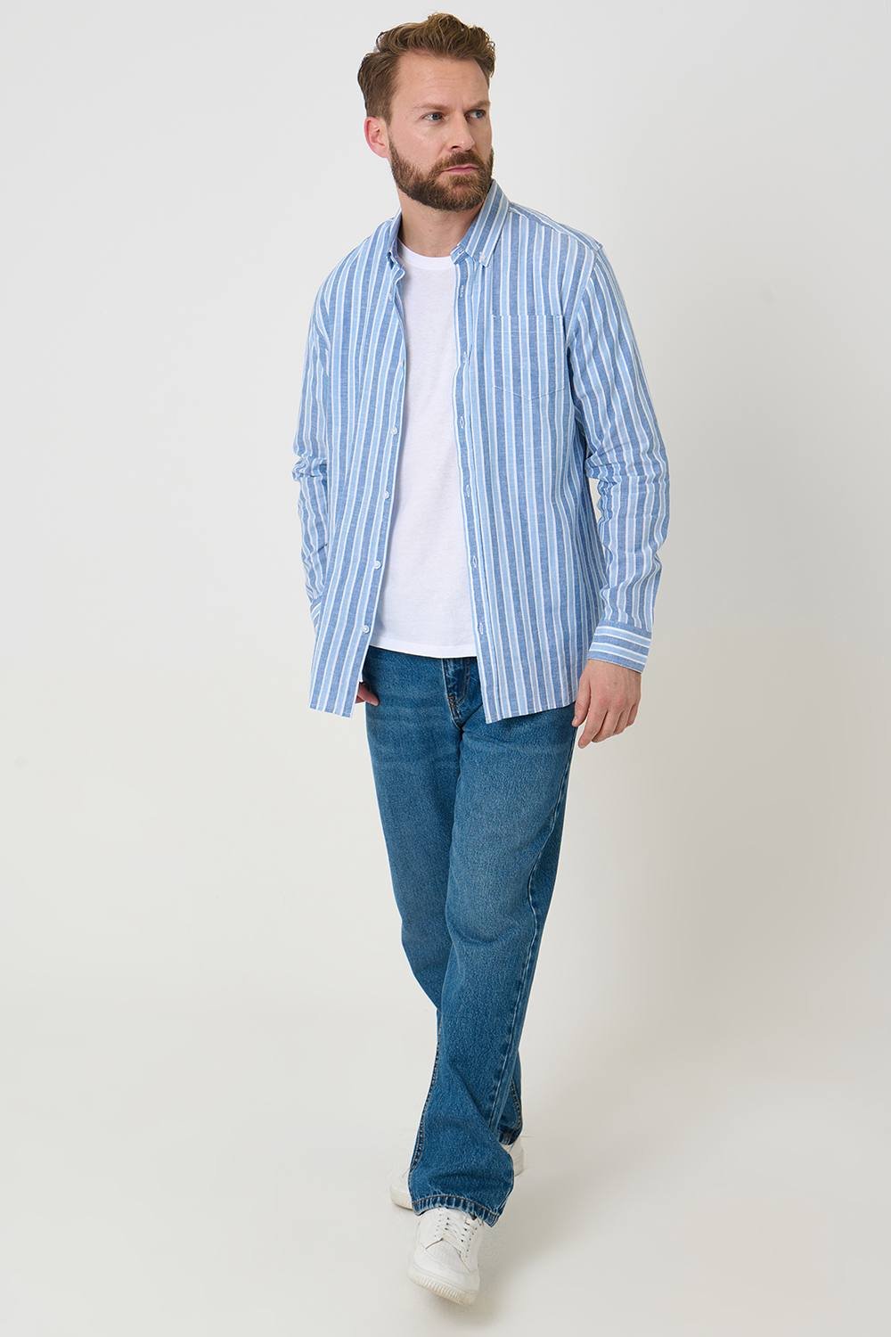 Saltwell Saltwell Men's Stripe Linen Rich Long Sleeve Shirt in Blue - 2