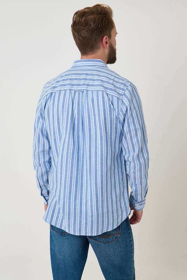 Saltwell Saltwell Men's Stripe Linen Rich Long Sleeve Shirt in Blue - 2