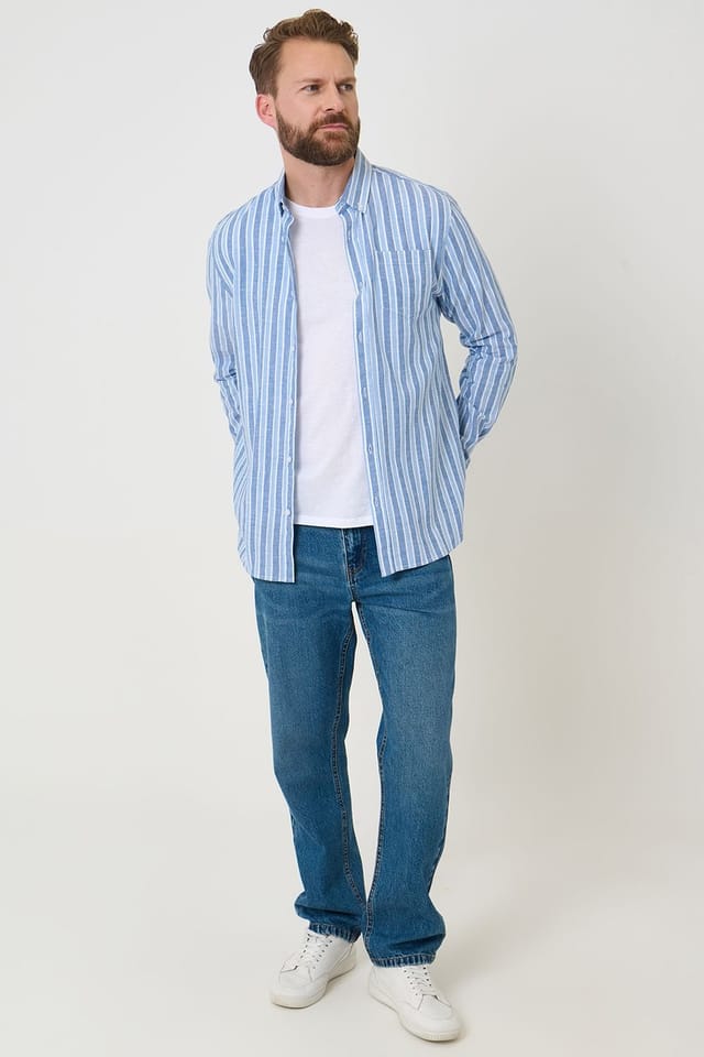 Saltwell Saltwell Men's Stripe Linen Rich Long Sleeve Shirt in Blue - 3