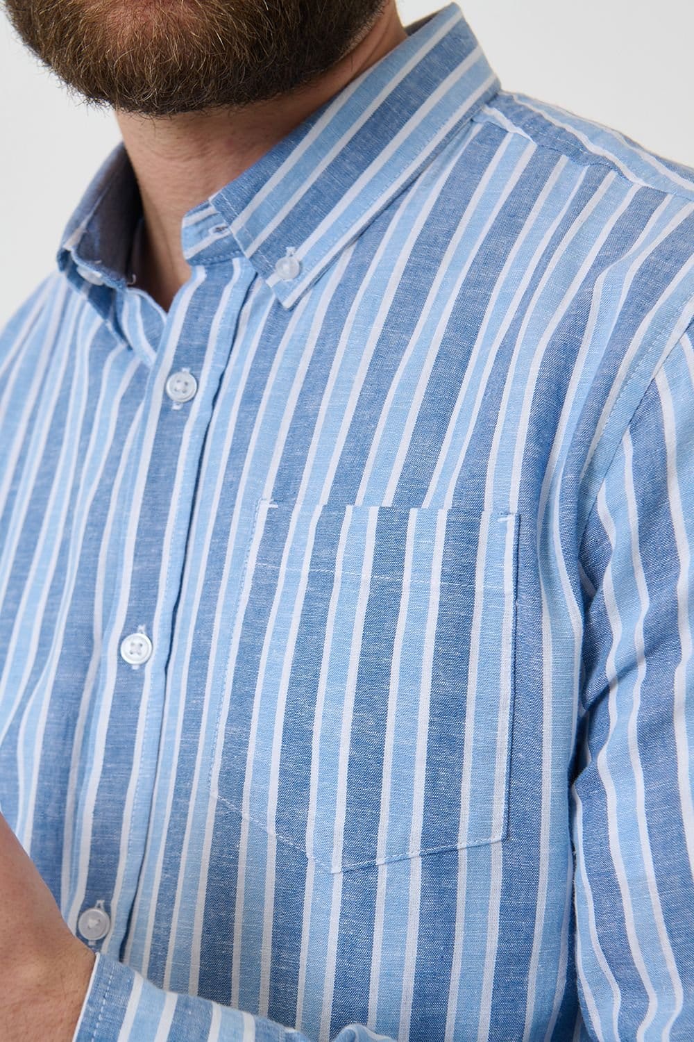 Saltwell Saltwell Men's Stripe Linen Rich Long Sleeve Shirt in Blue - 4