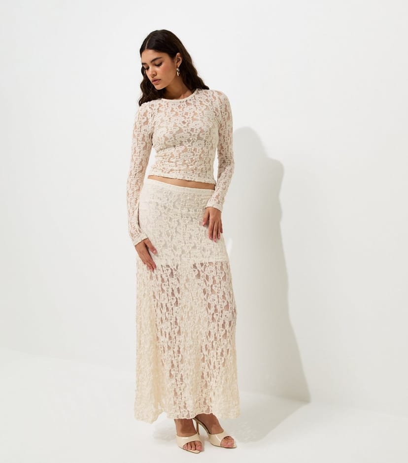 New Look Women's Cream Sheer Lace Midi Skirt New Look - 1