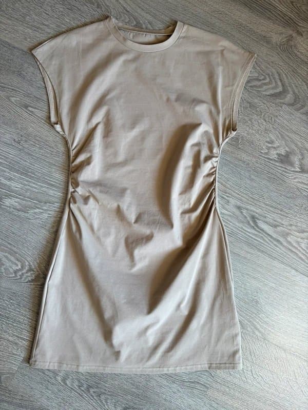 No Label Ladies Beige Ruched Side Dress Size 10 Nude Casual Stretch Mini Dress