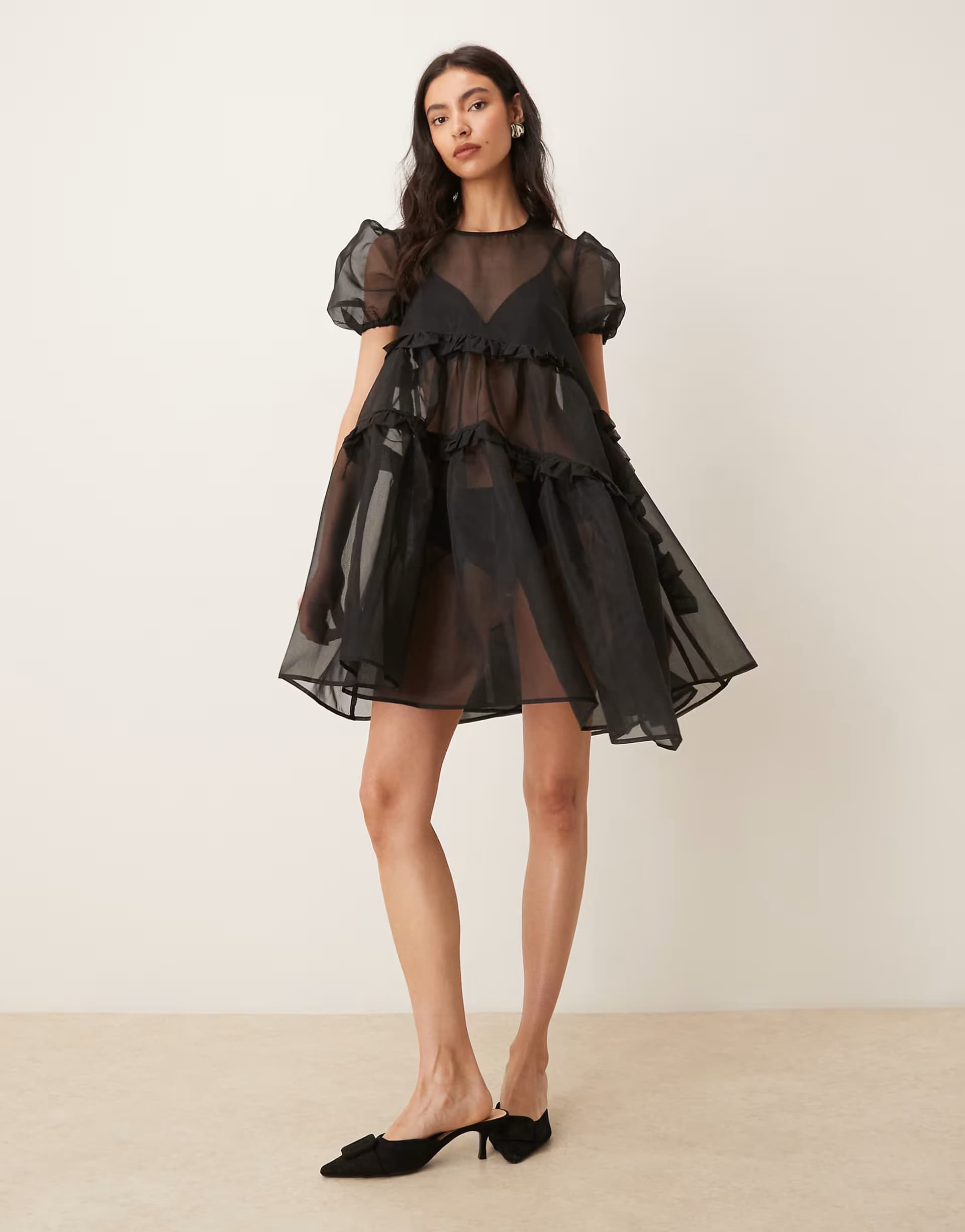 ASOS Ghospell exclusive sheer organza puff sleeve tiered ruffle asymmetric hem mini dress in black