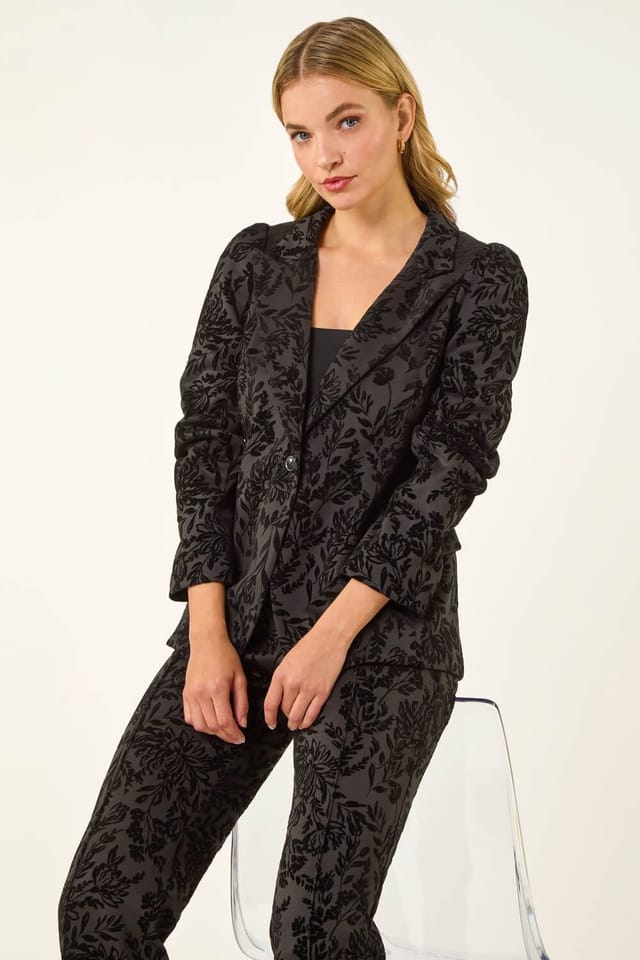 Dusk Dusk Women's Flocked Premium Stretch Blazer in Black - 2