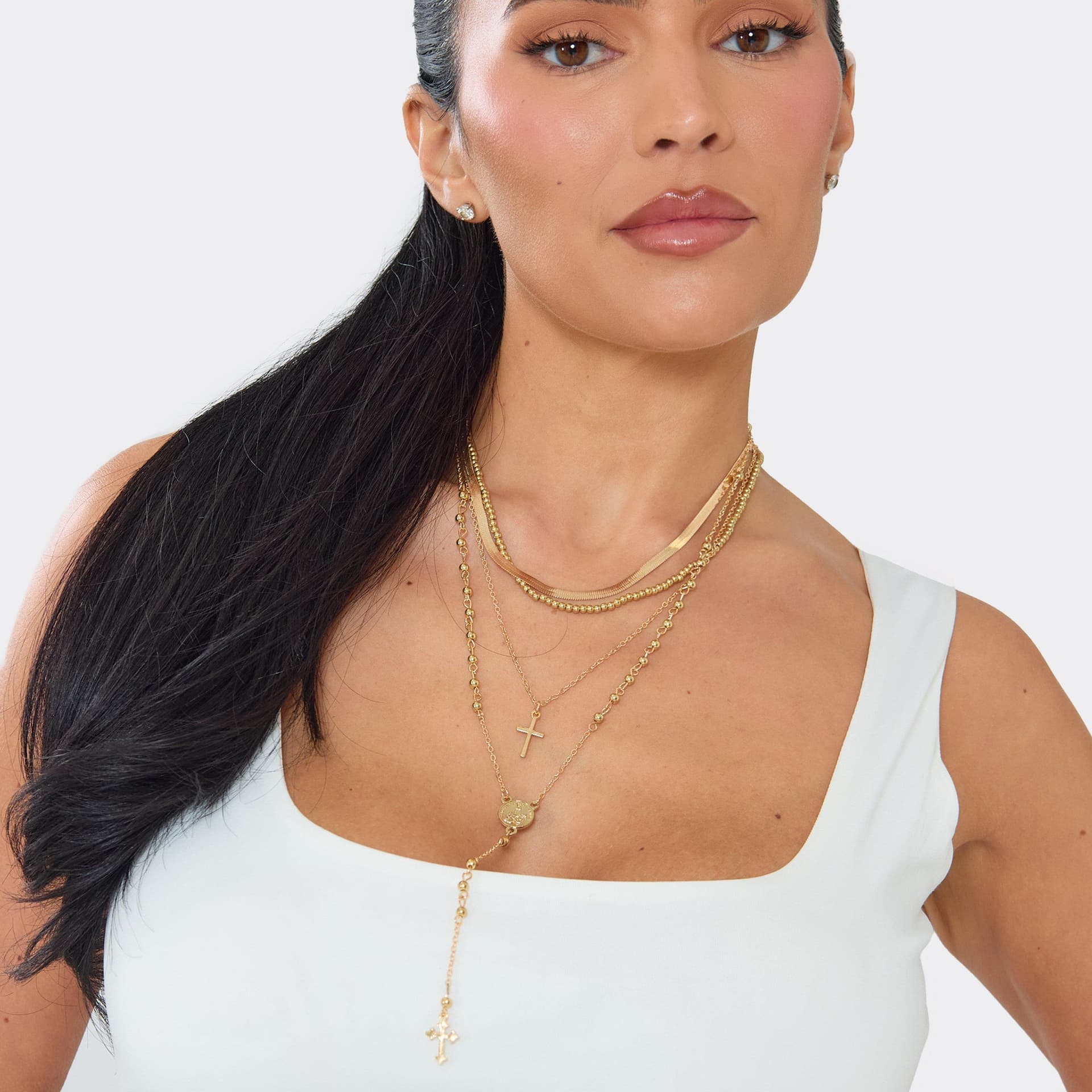 EGO Cross Pendant Beaded Detail Multi Layered Chain Necklace In Gold, Women's Size UK 0