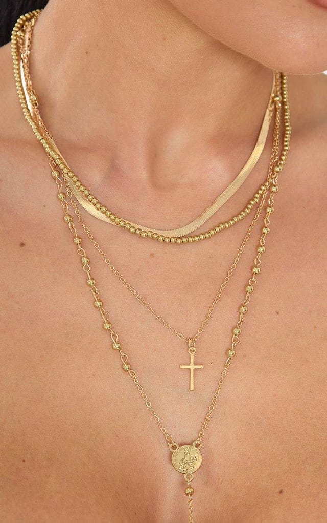 EGO Cross Pendant Beaded Detail Multi Layered Chain Necklace In Gold, Women's Size UK 0 - 2