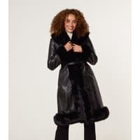 Blue Vanilla Women's Black Faux Fur Trimmed Faux Leather Midi Coat Blue Vanilla New Look
