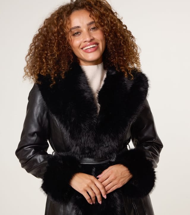 Blue Vanilla Women's Black Faux Fur Trimmed Faux Leather Midi Coat Blue Vanilla New Look - 3