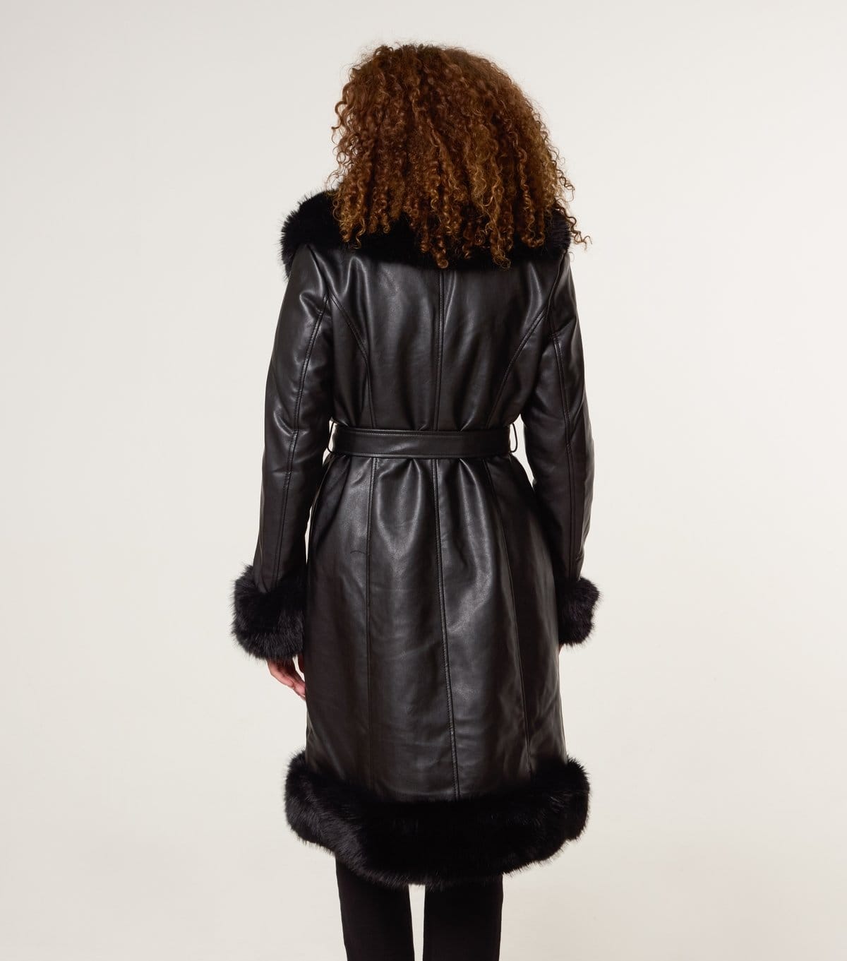 Blue Vanilla Women's Black Faux Fur Trimmed Faux Leather Midi Coat Blue Vanilla New Look - 4