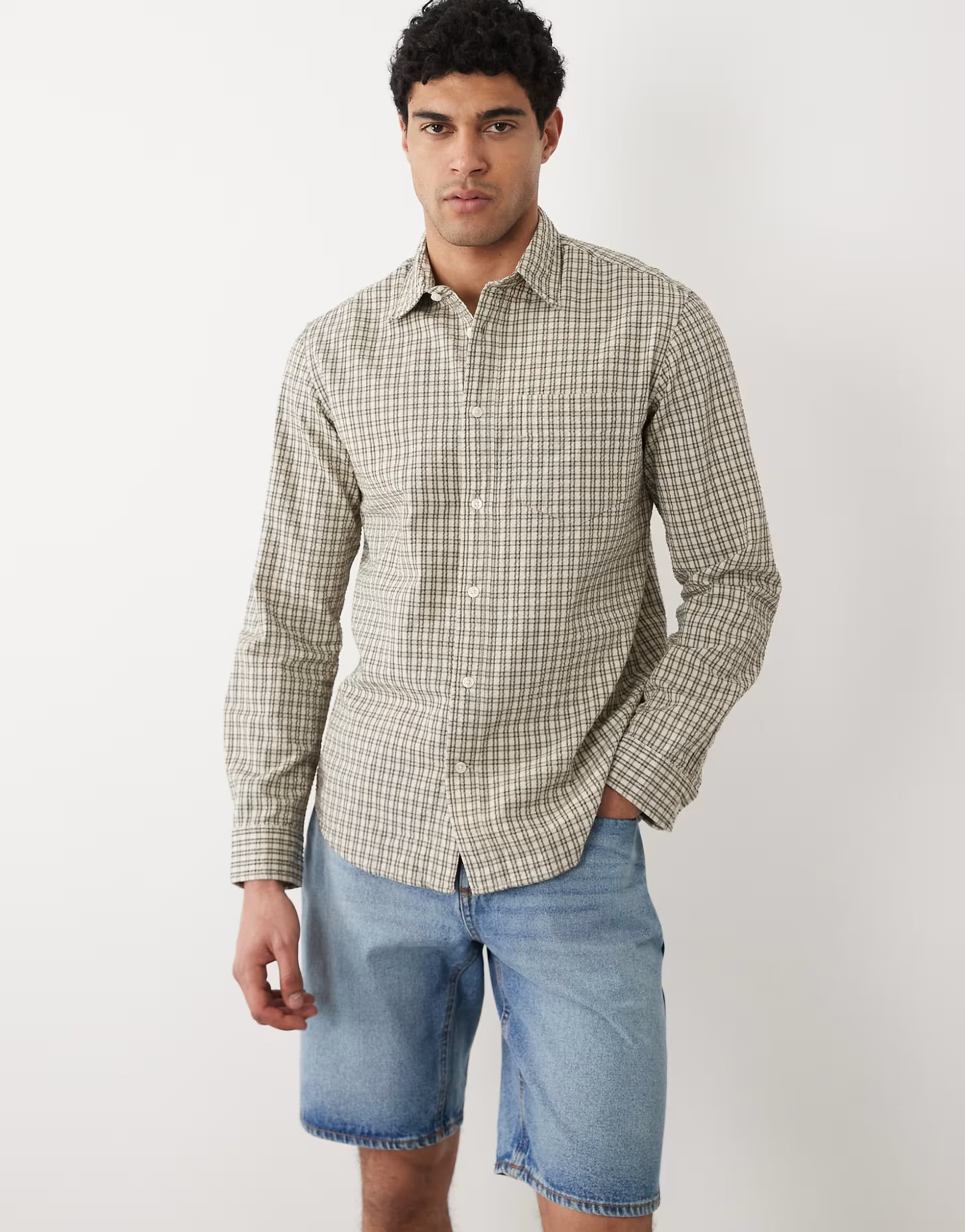 ASOS Selected 100% cotton long sleeve seersucker shirt in beige check